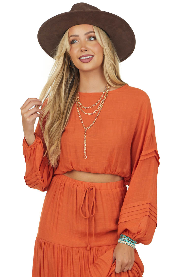 Pumpkin Elastic Hemline Cropped Woven Top