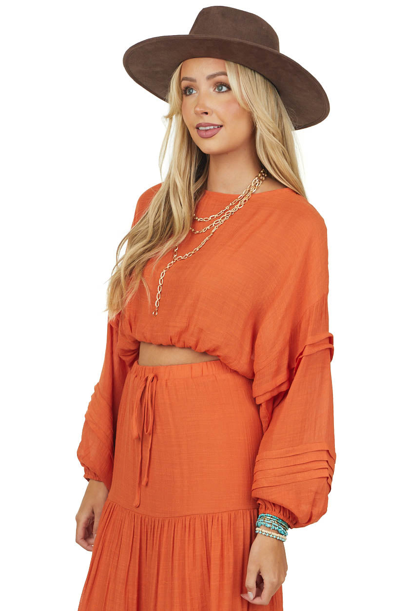 Pumpkin Elastic Hemline Cropped Woven Top