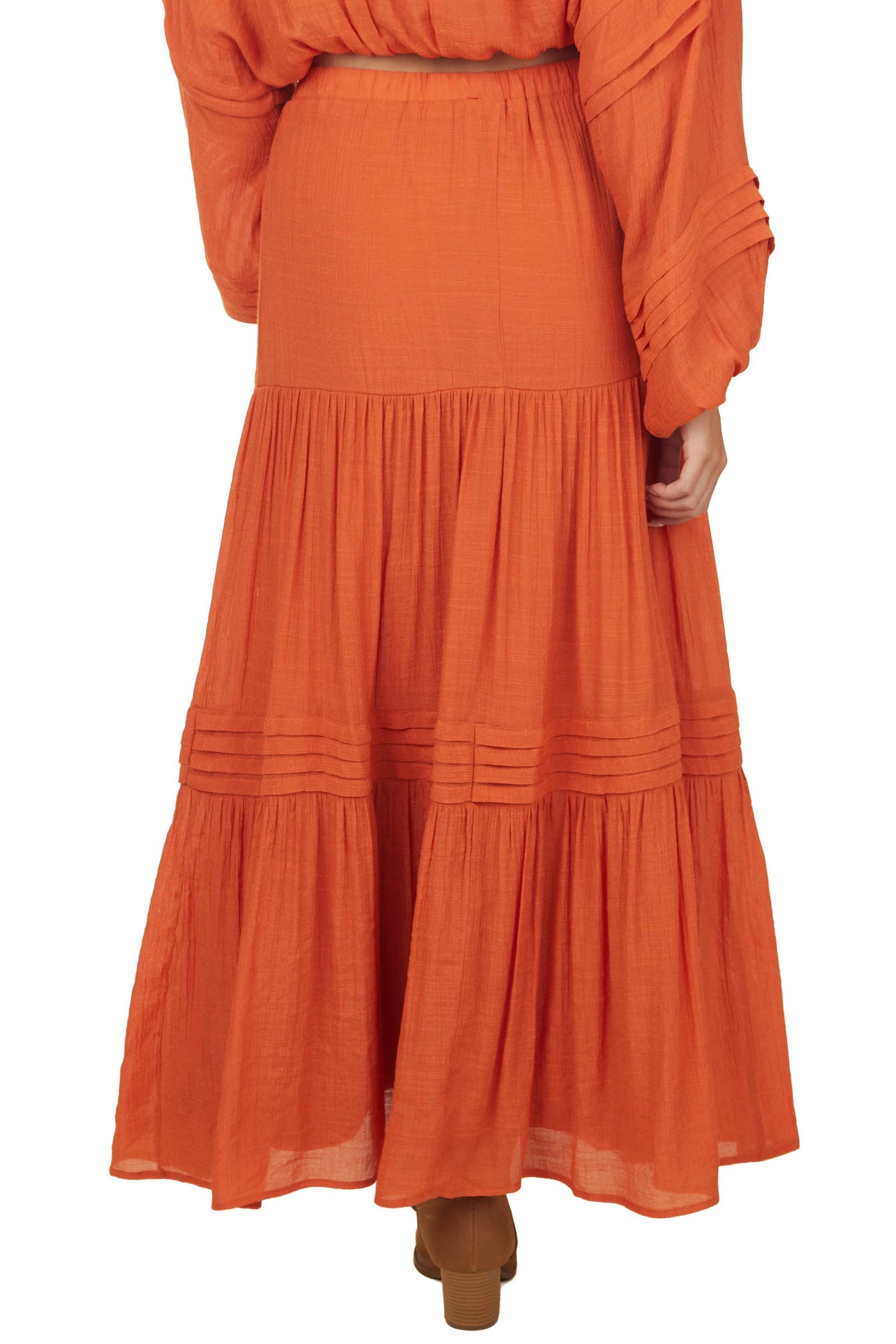 Pumpkin Elastic Waist Woven Tiered Maxi Skirt
