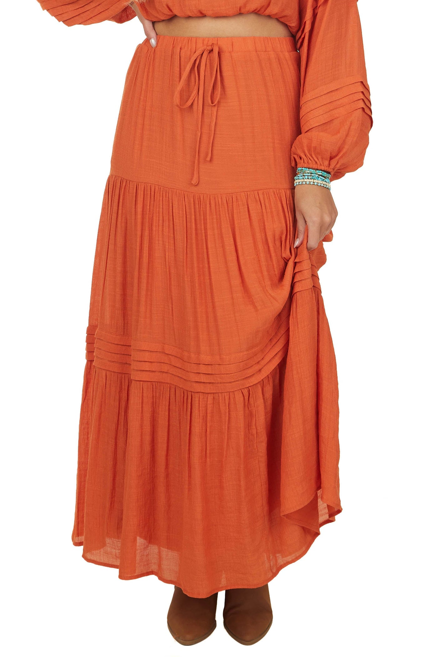 Pumpkin Elastic Waist Woven Tiered Maxi Skirt