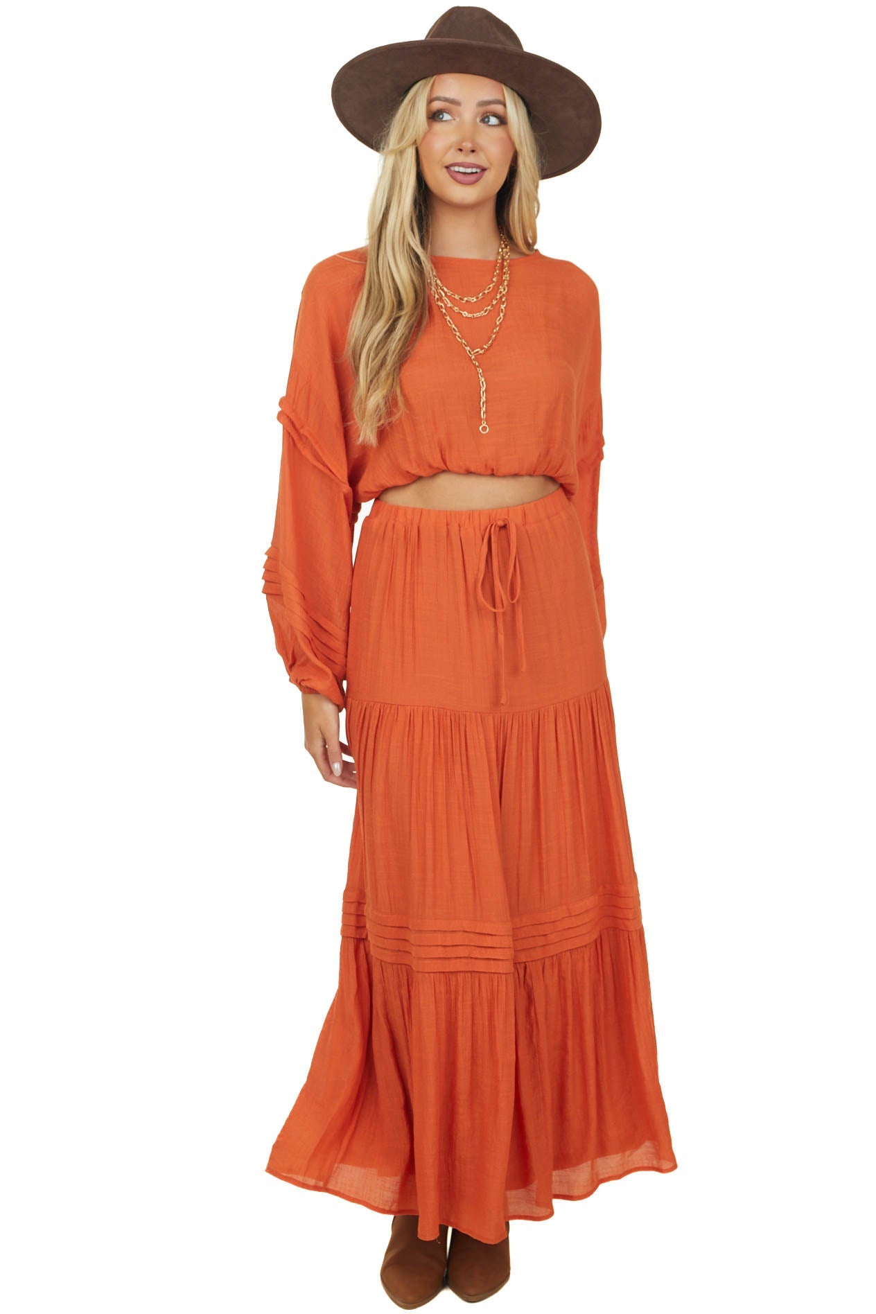 Pumpkin Elastic Waist Woven Tiered Maxi Skirt
