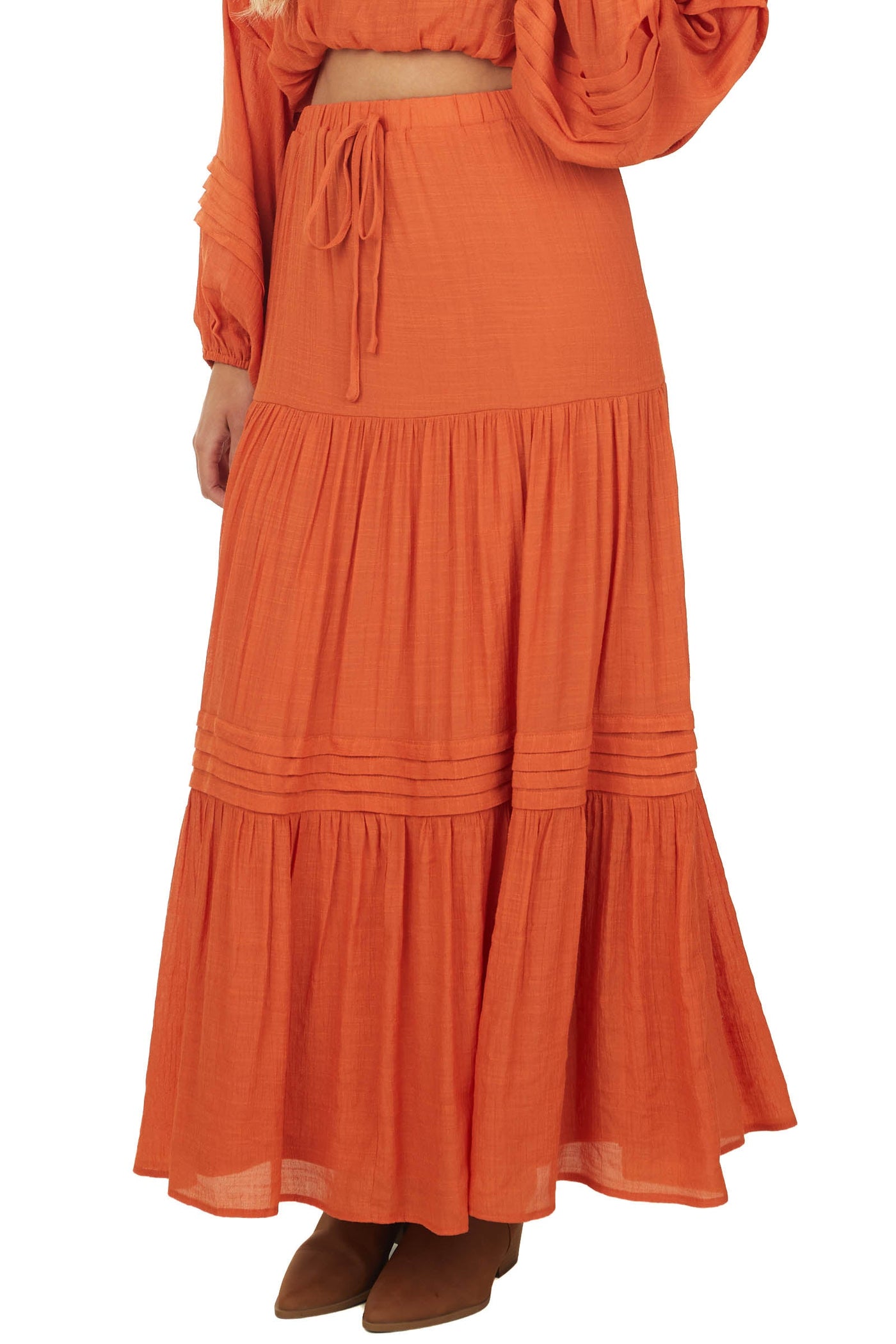 Pumpkin Elastic Waist Woven Tiered Maxi Skirt
