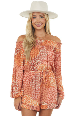 Pumpkin Patchwork Floral Off the Shoulder Romper