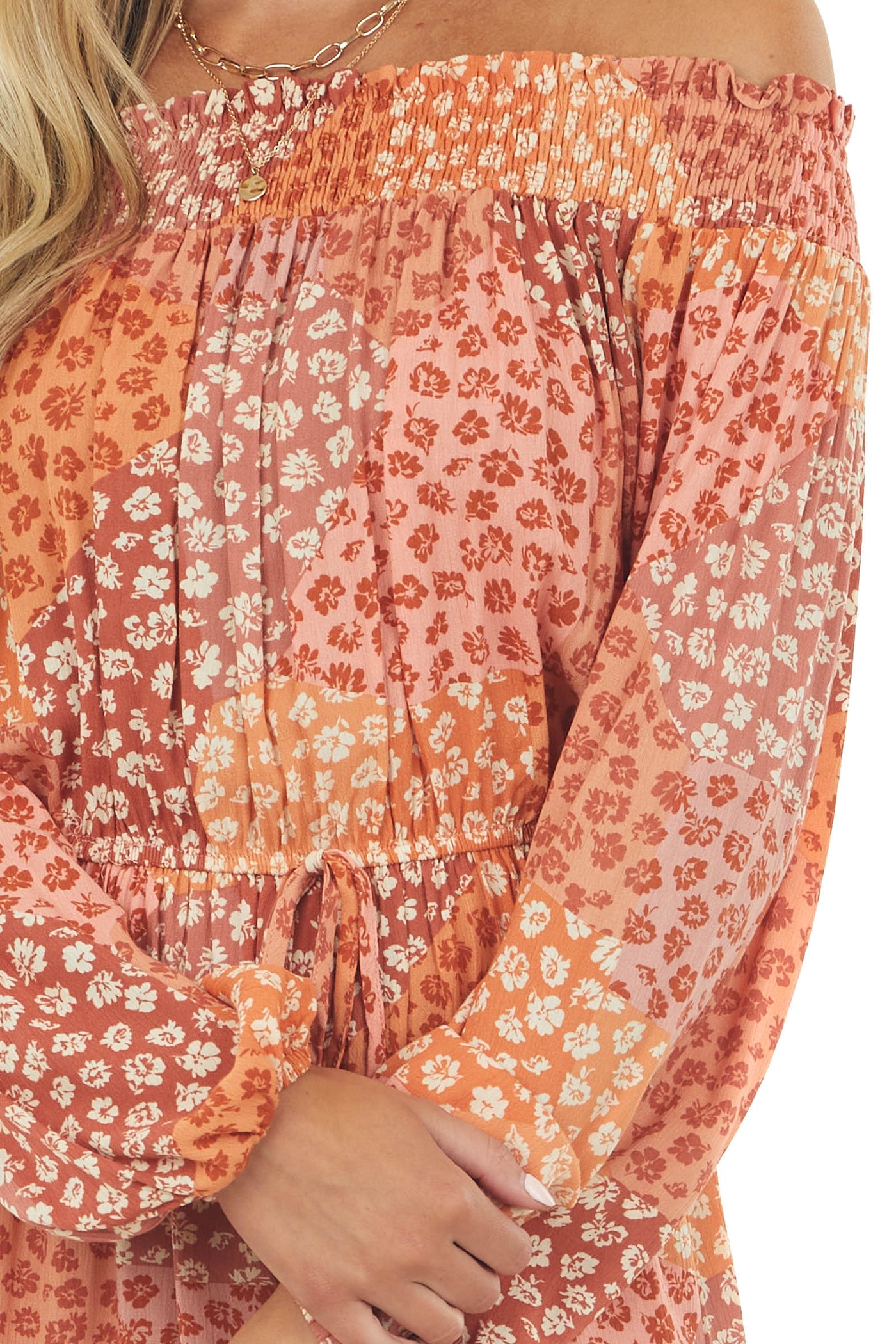 Pumpkin Patchwork Floral Off the Shoulder Romper