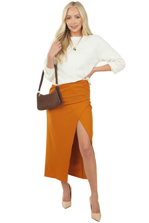 Pumpkin Spice Wrap Style Ribbed Midi Skirt