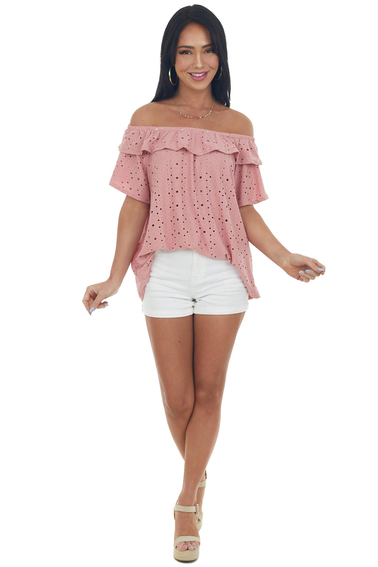 Punch Eyelet Off the Shoulder Flowy Knit Top