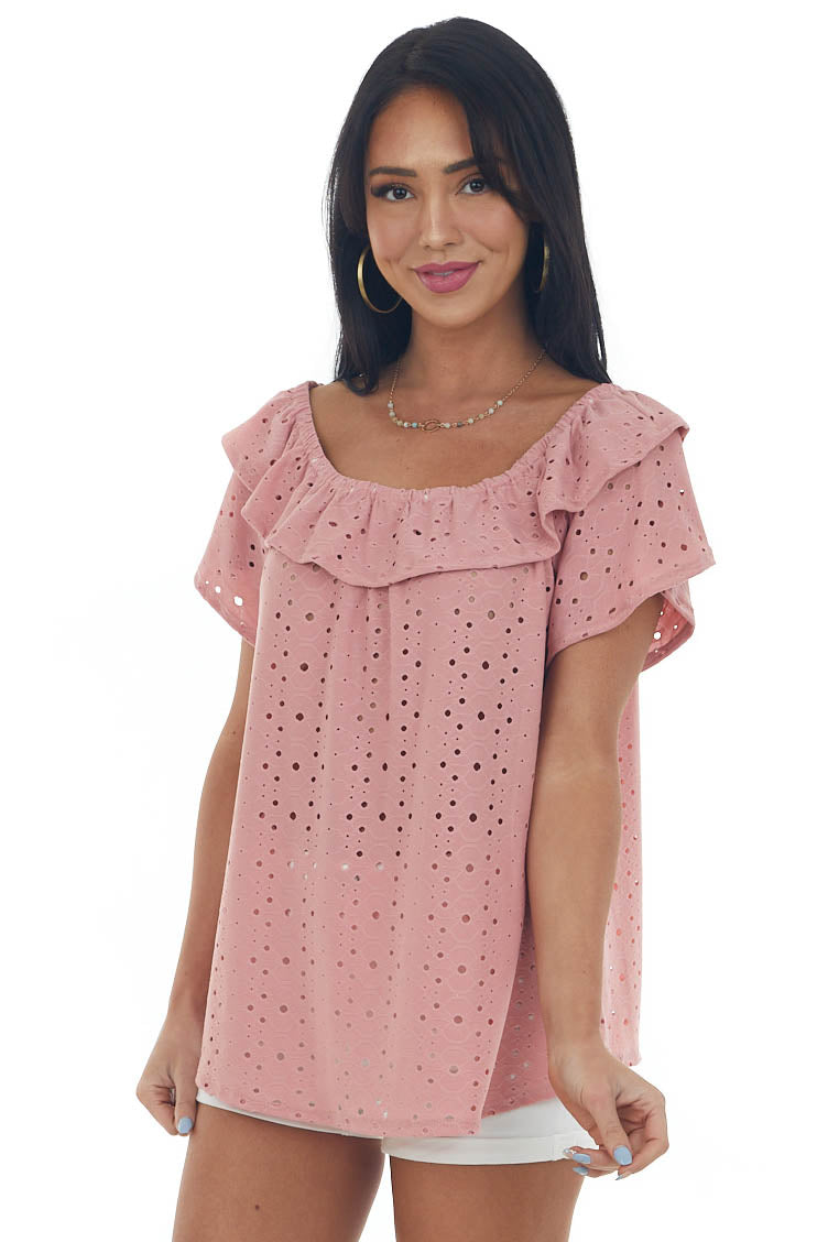 Punch Eyelet Off the Shoulder Flowy Knit Top