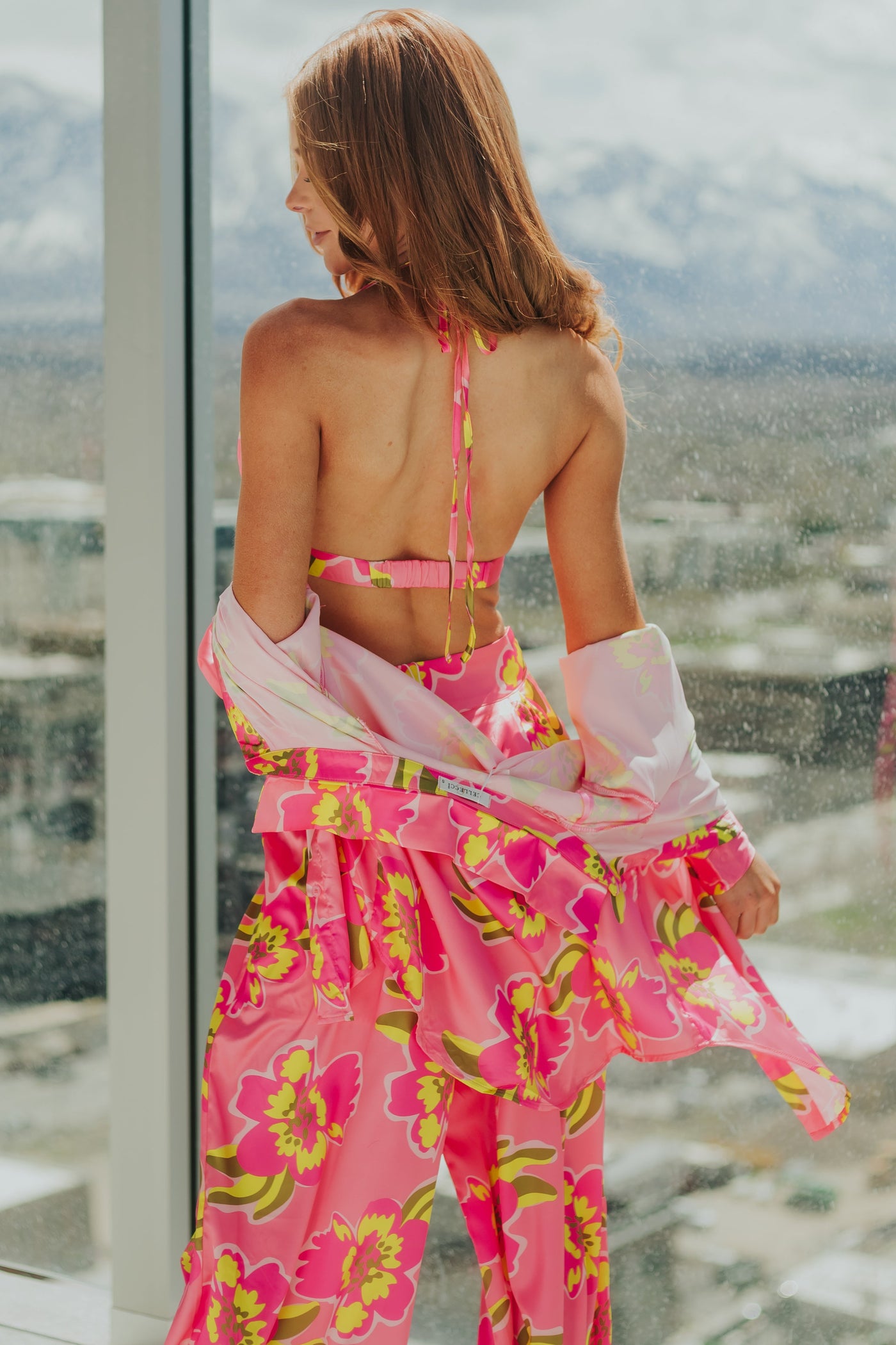 Punch Floral Button Up Top with Bra and Pants Set