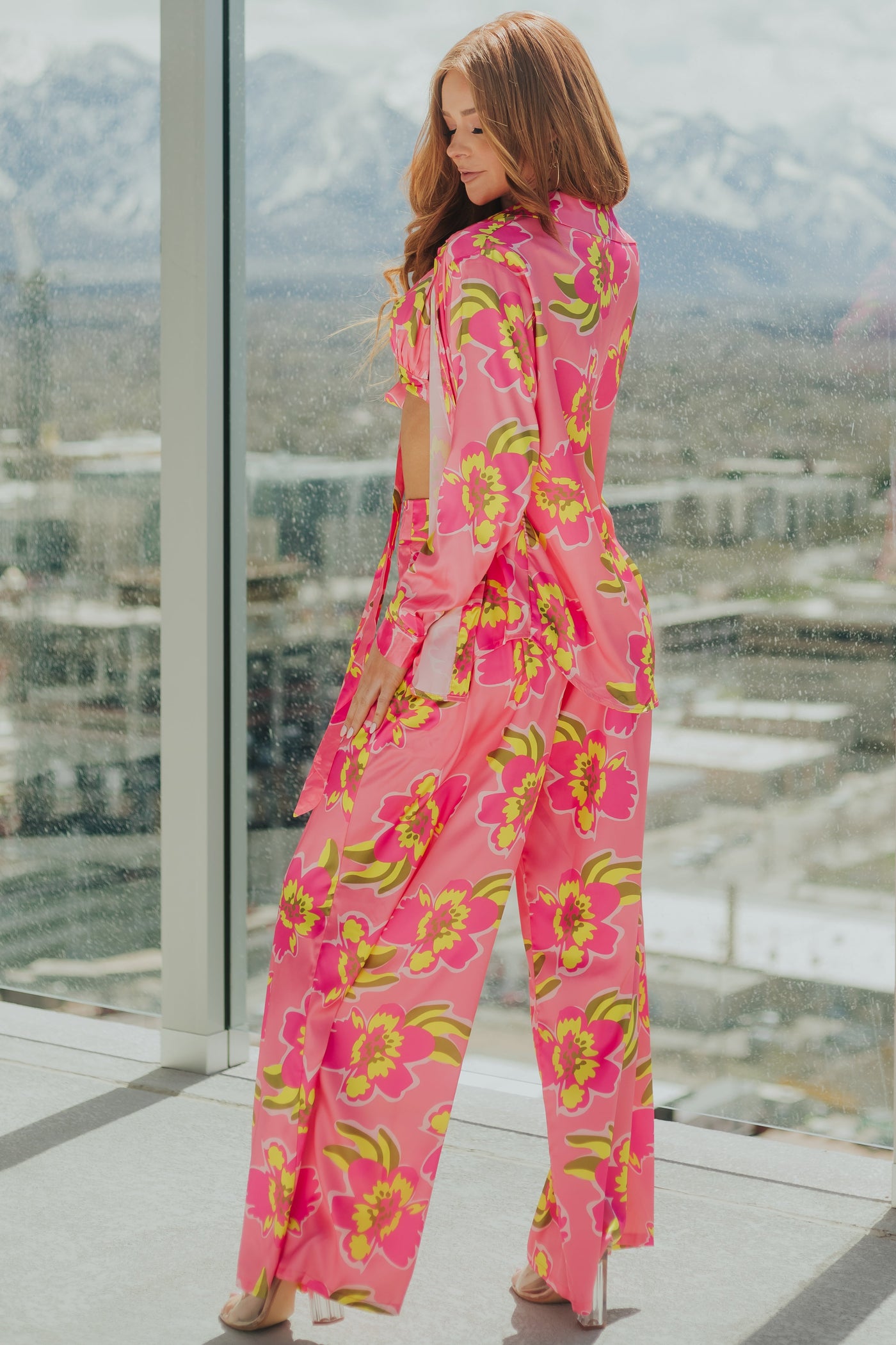 Punch Floral Button Up Top with Bra and Pants Set