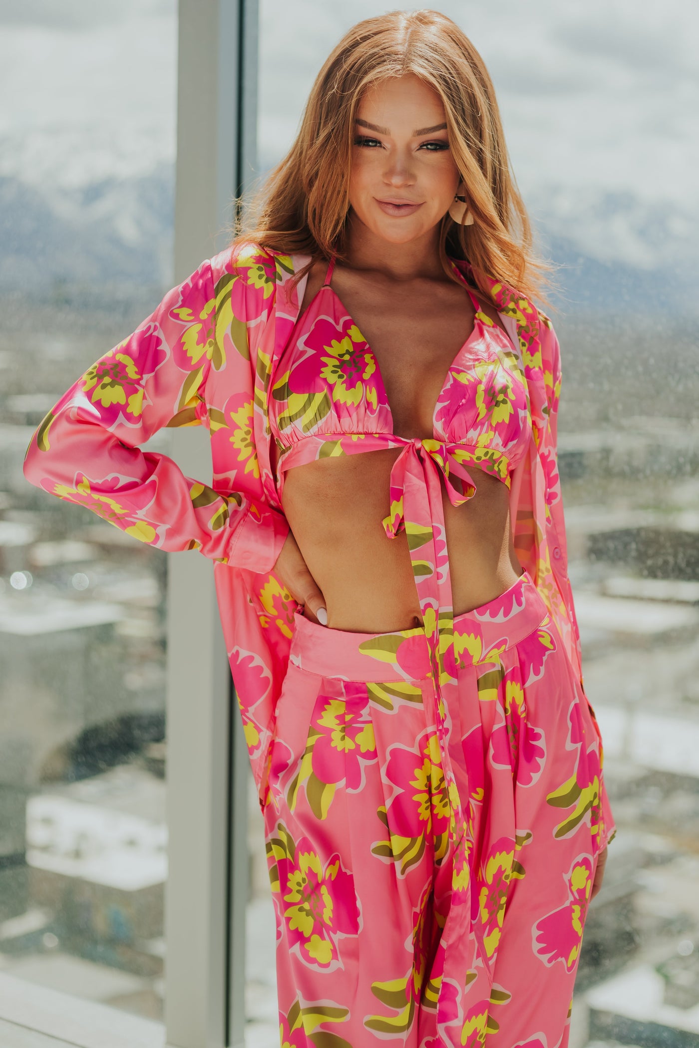 Punch Floral Button Up Top with Bra and Pants Set