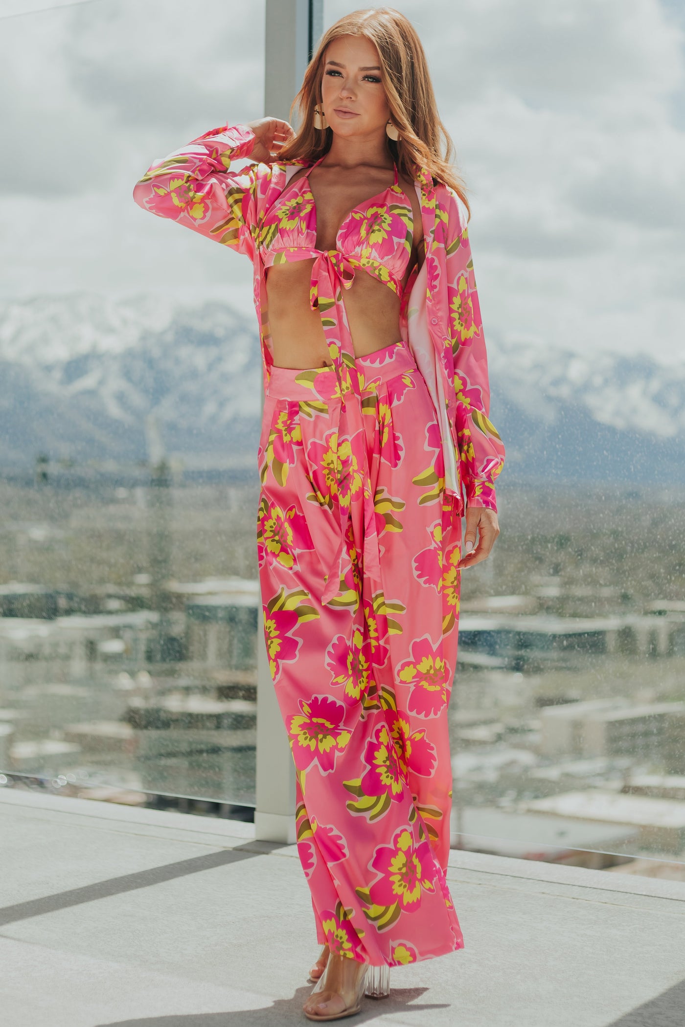 Punch Floral Button Up Top with Bra and Pants Set