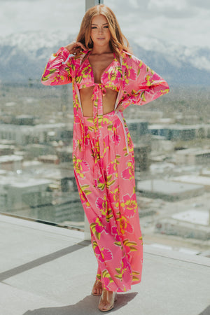 Punch Floral Button Up Top with Bra and Pants Set