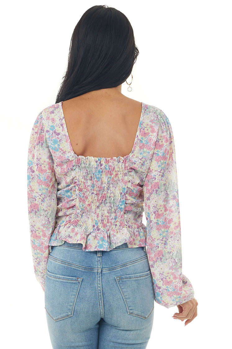 Punch Floral Print Ruched V Neck Peplum Blouse