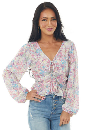 Punch Floral Print Ruched V Neck Peplum Blouse