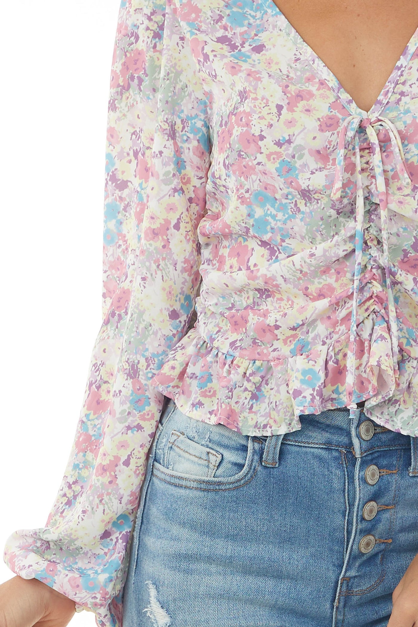 Punch Floral Print Ruched V Neck Peplum Blouse