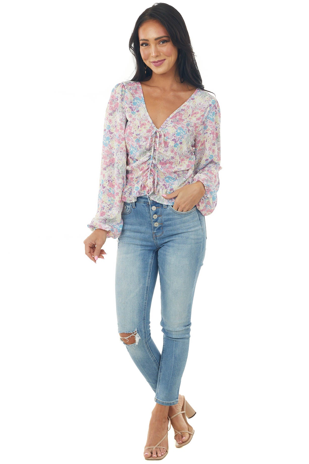 Punch Floral Print Ruched V Neck Peplum Blouse