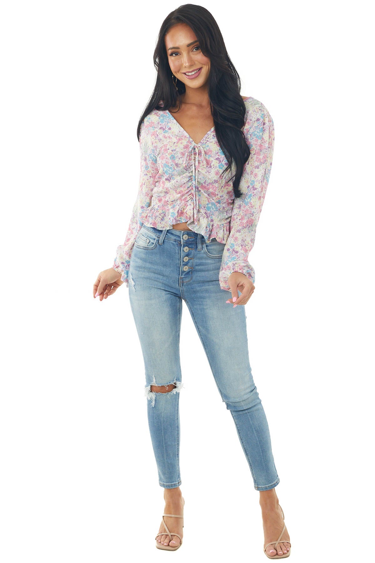 Punch Floral Print Ruched V Neck Peplum Blouse