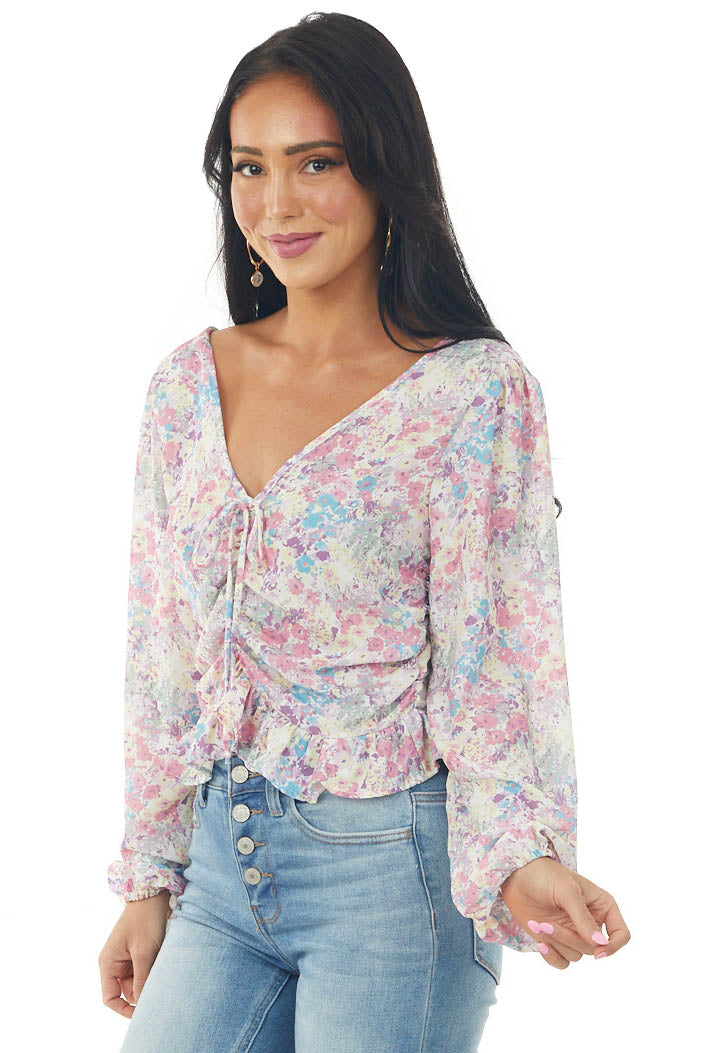 Punch Floral Print Ruched V Neck Peplum Blouse