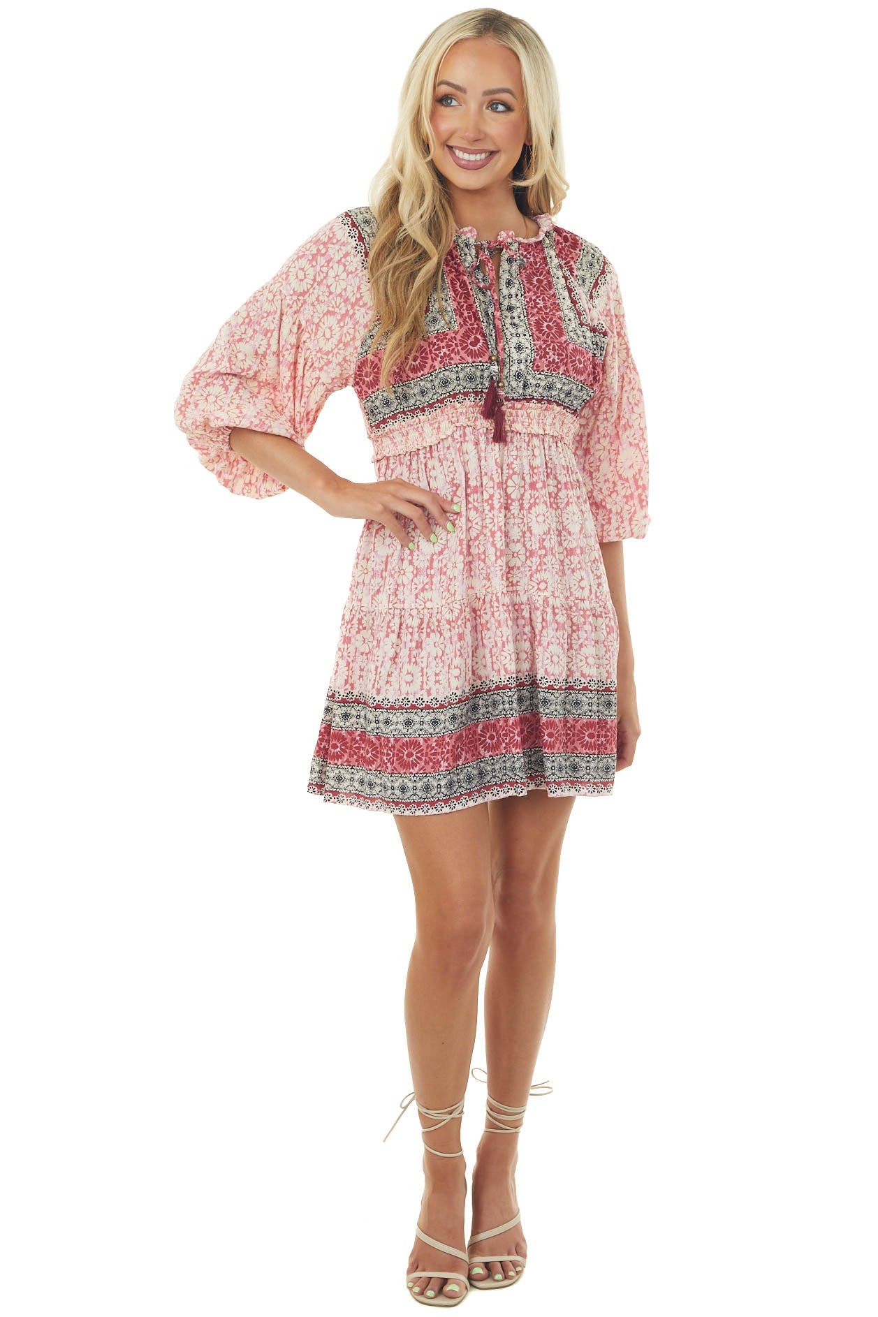 Punch Floral Print Smocked Woven Short Dress