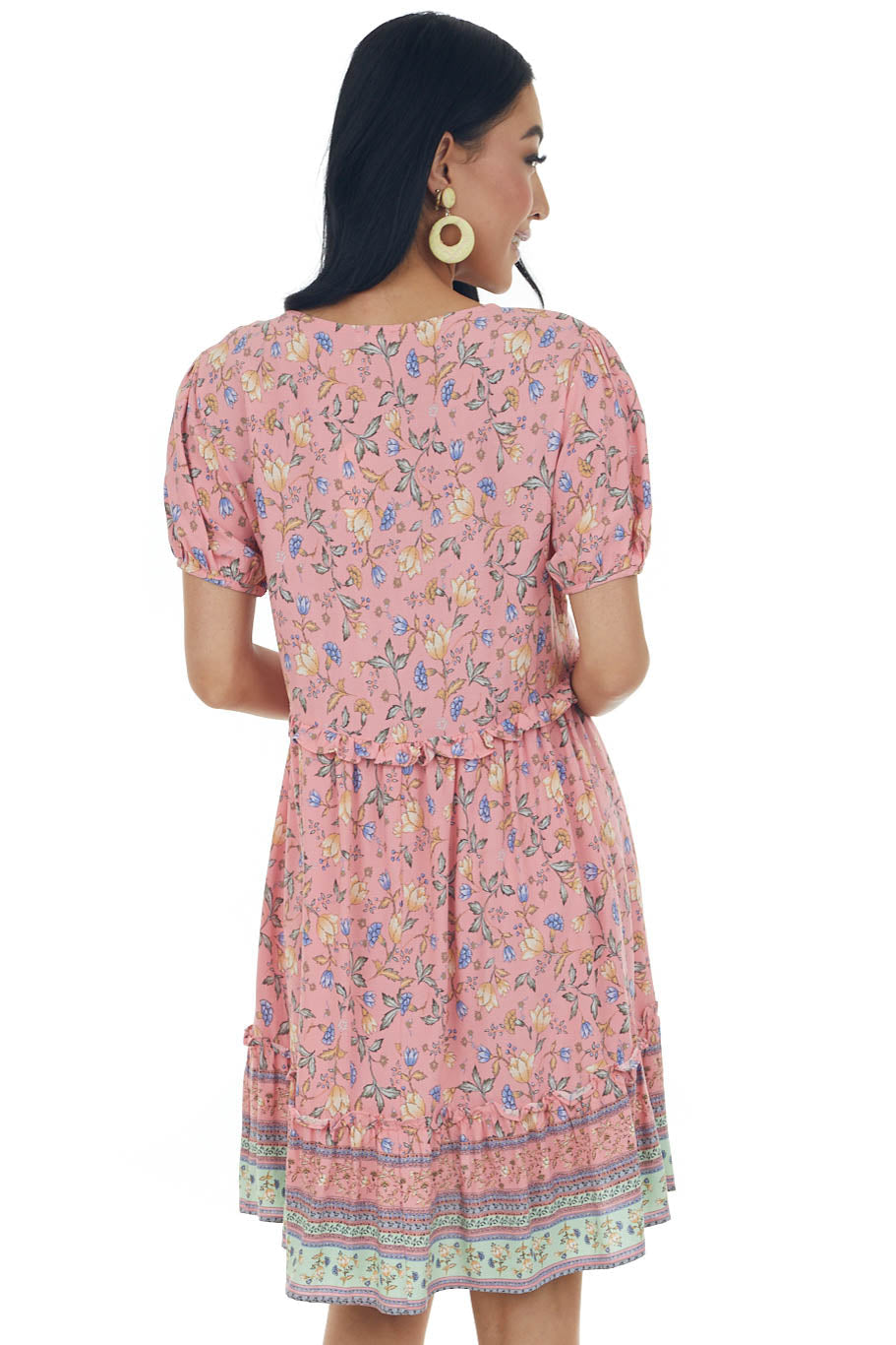 Punch Floral Print V Neck Ruffled Short Dress