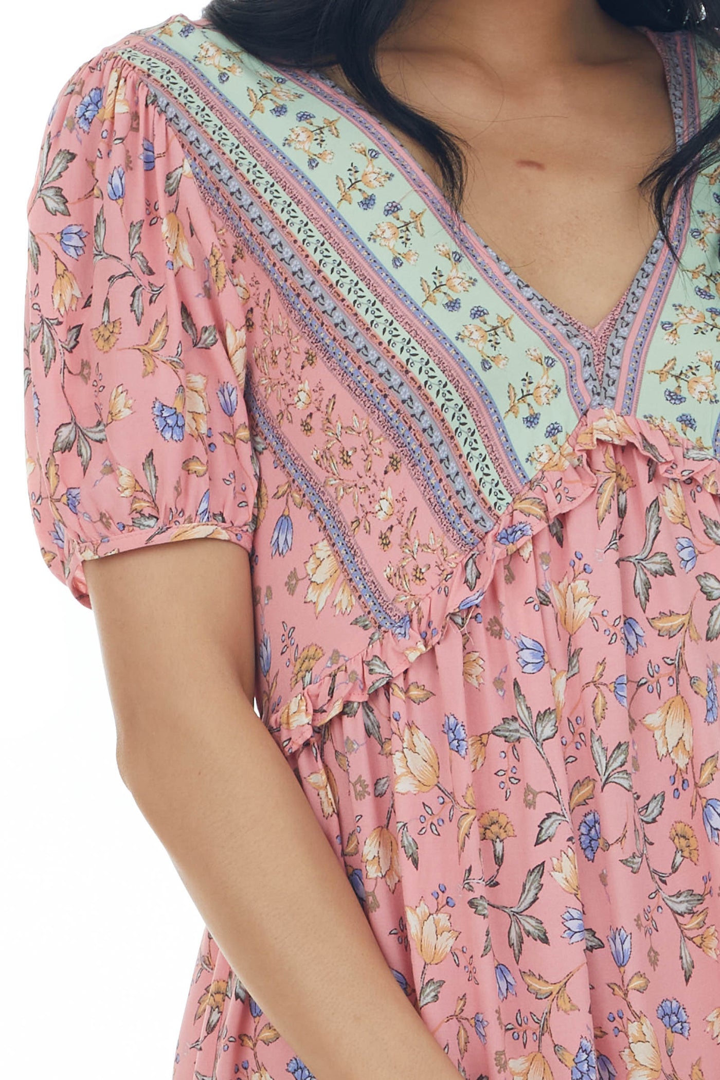 Punch Floral Print V Neck Ruffled Short Dress