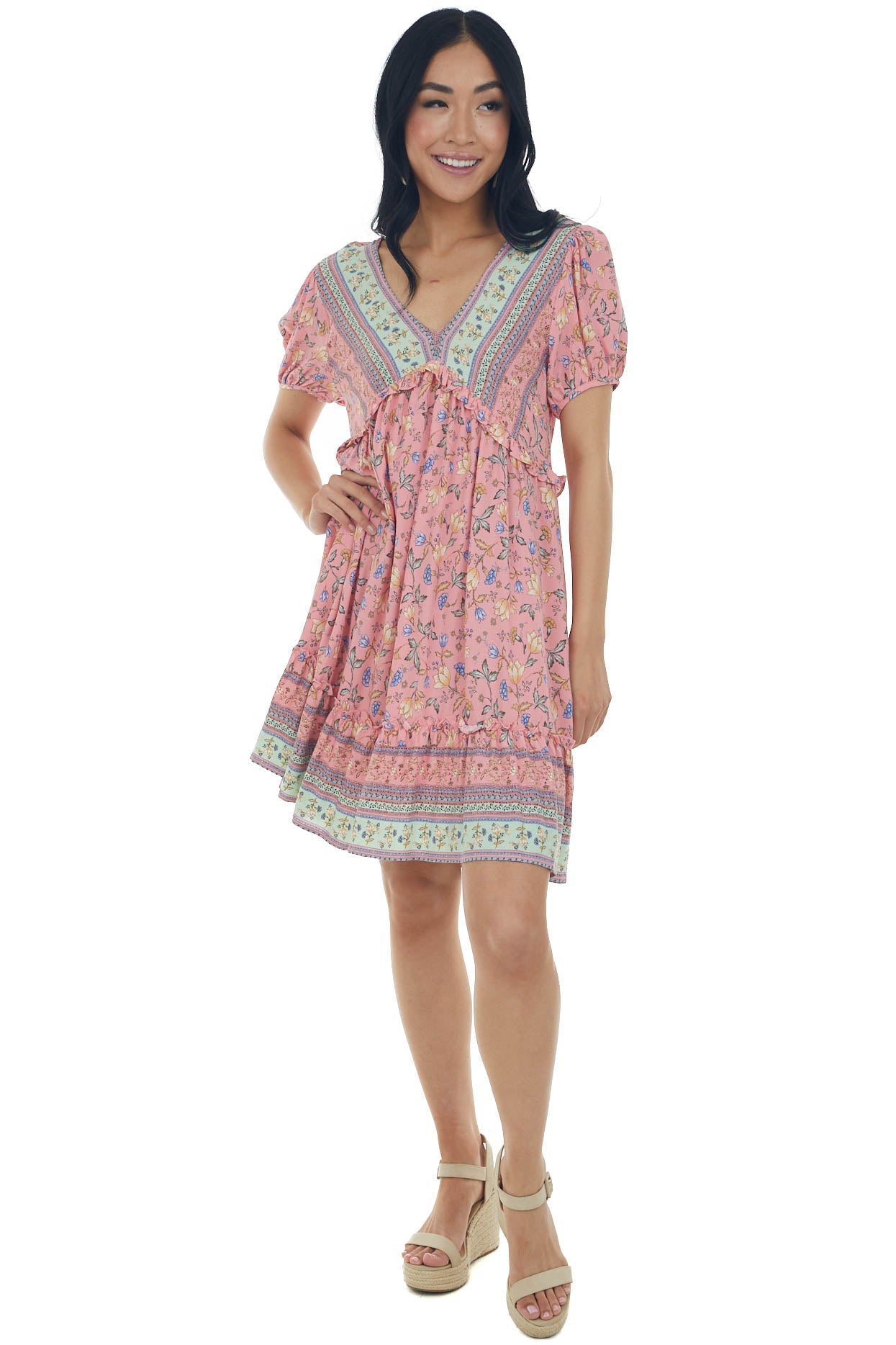 Punch Floral Print V Neck Ruffled Short Dress