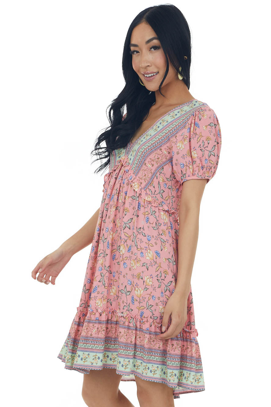 Punch Floral Print V Neck Ruffled Short Dress