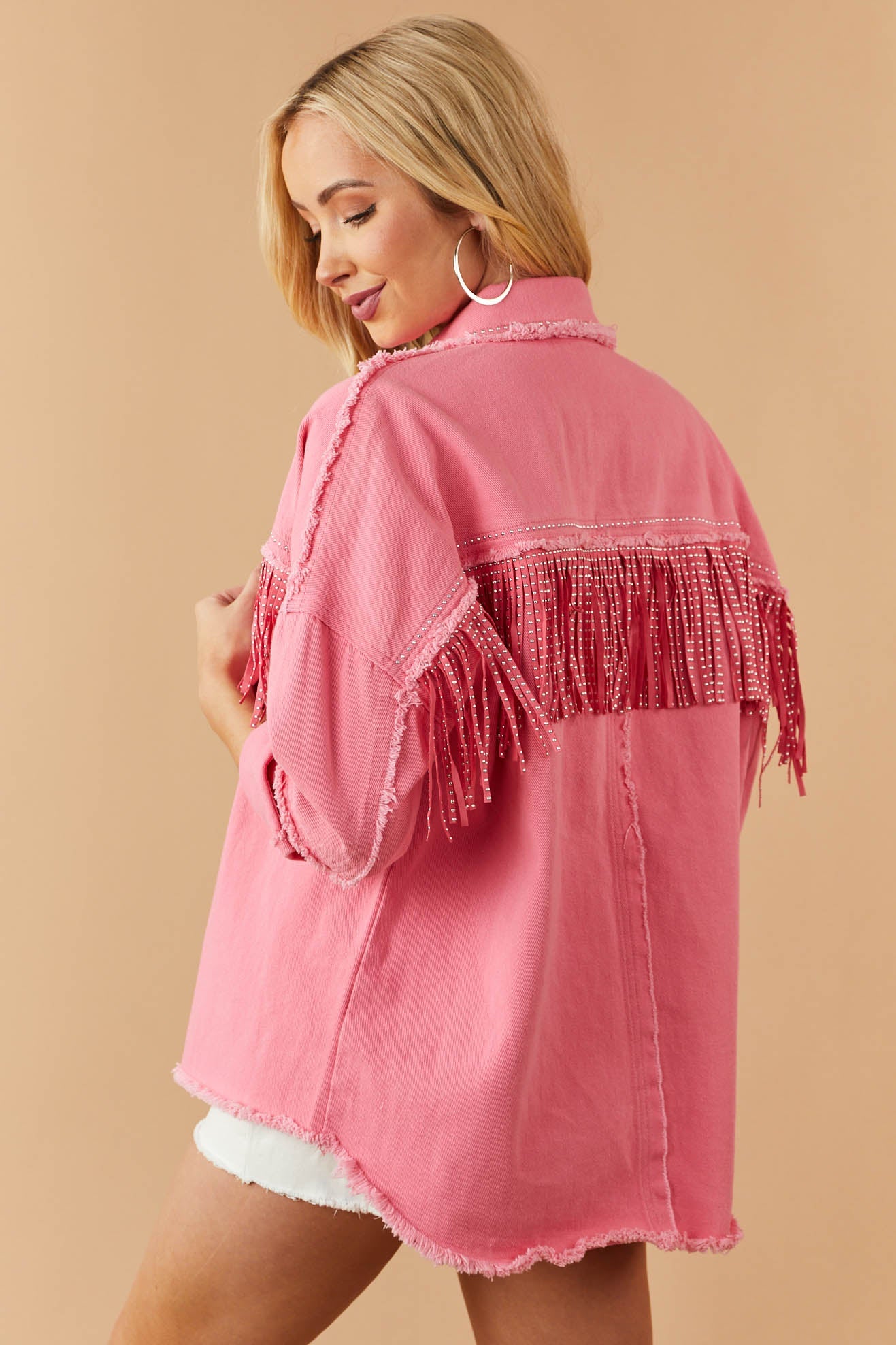 Punch Frayed Trim Studded Fringe Denim Jacket