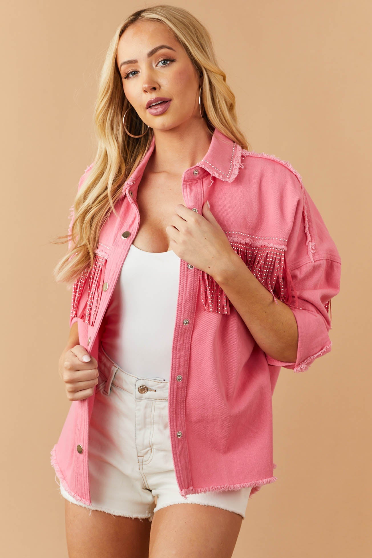 Punch Frayed Trim Studded Fringe Denim Jacket