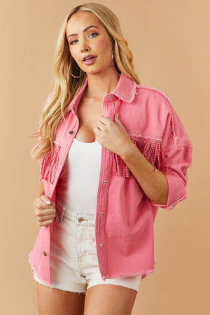 Punch Frayed Trim Studded Fringe Denim Jacket