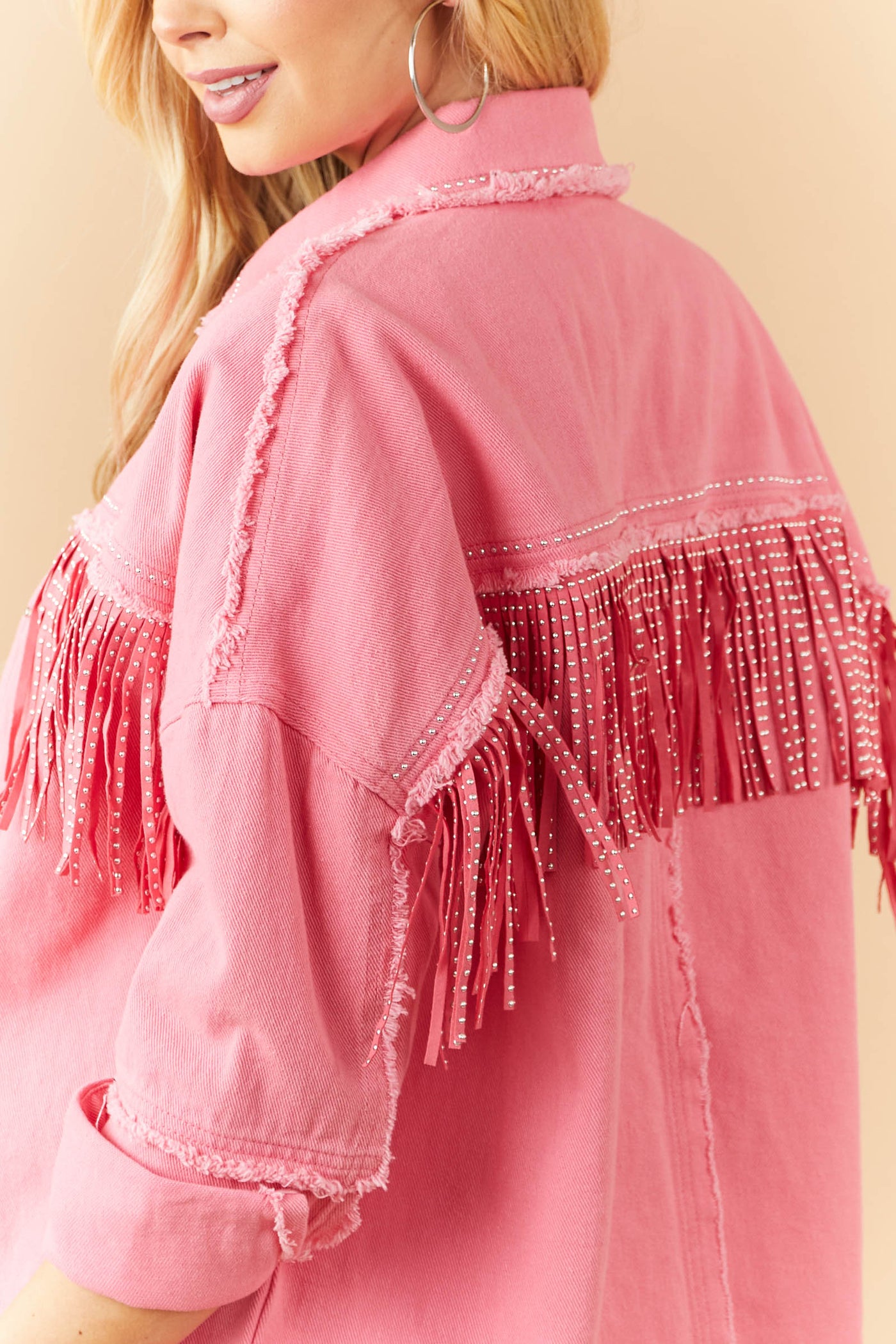 Punch Frayed Trim Studded Fringe Denim Jacket
