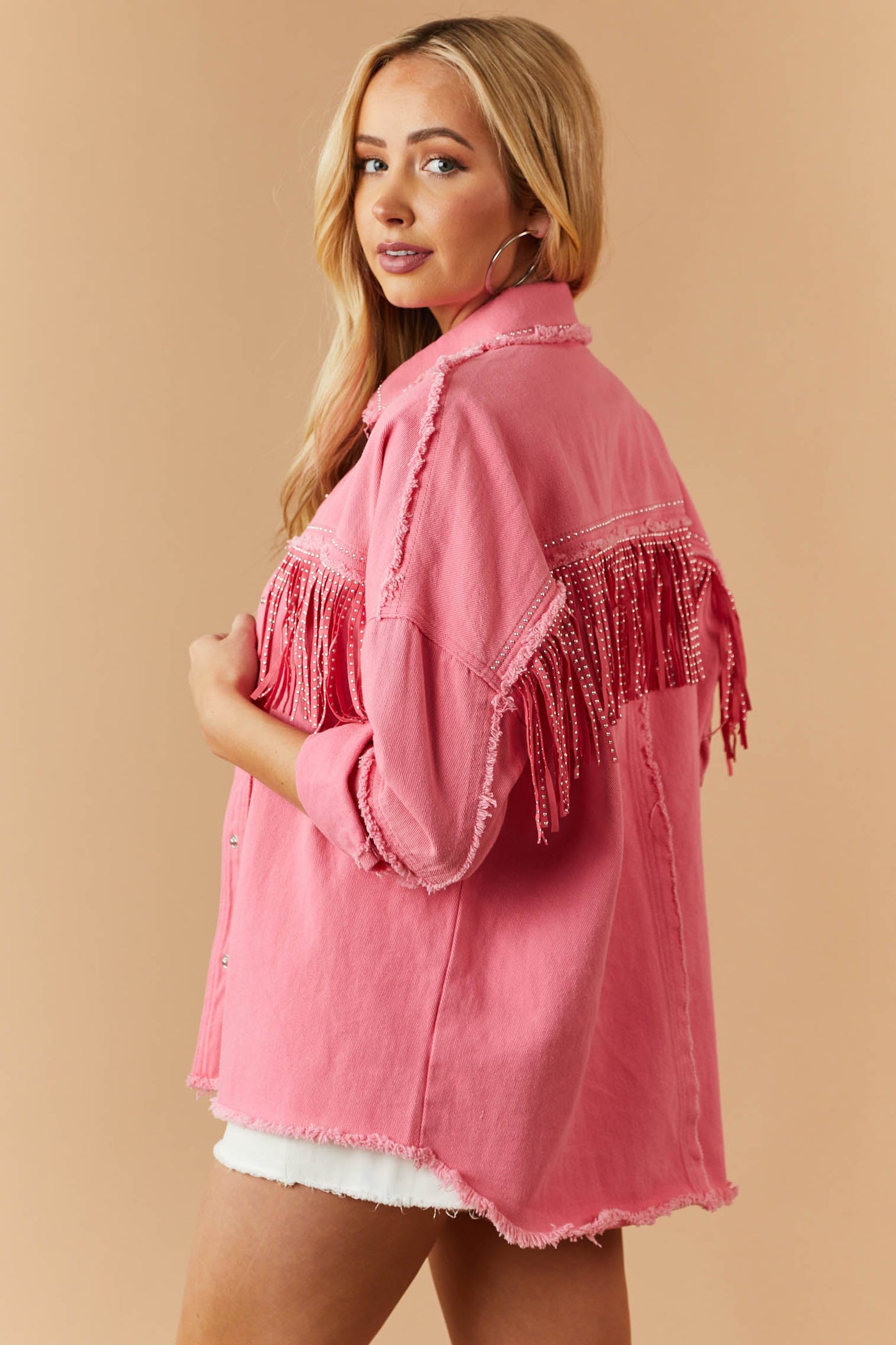 Punch Frayed Trim Studded Fringe Denim Jacket