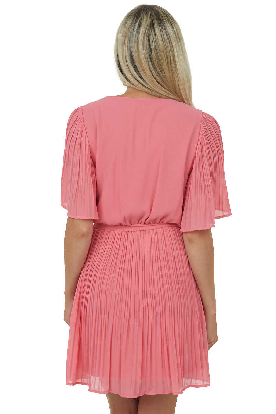 Punch Half Sleeve Pleated Surplice Mini Dress
