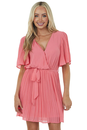 Punch Half Sleeve Pleated Surplice Mini Dress