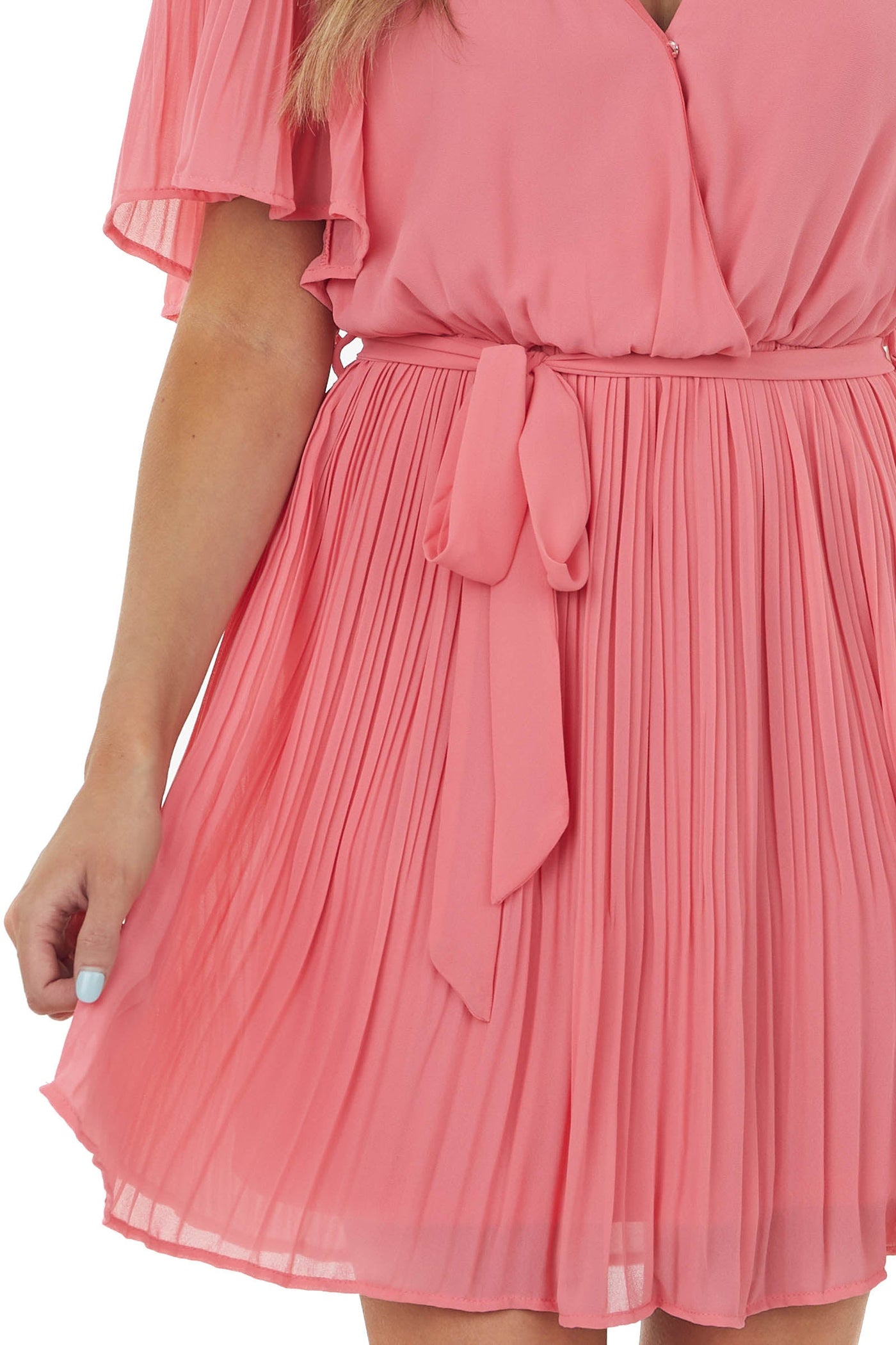 Punch Half Sleeve Pleated Surplice Mini Dress