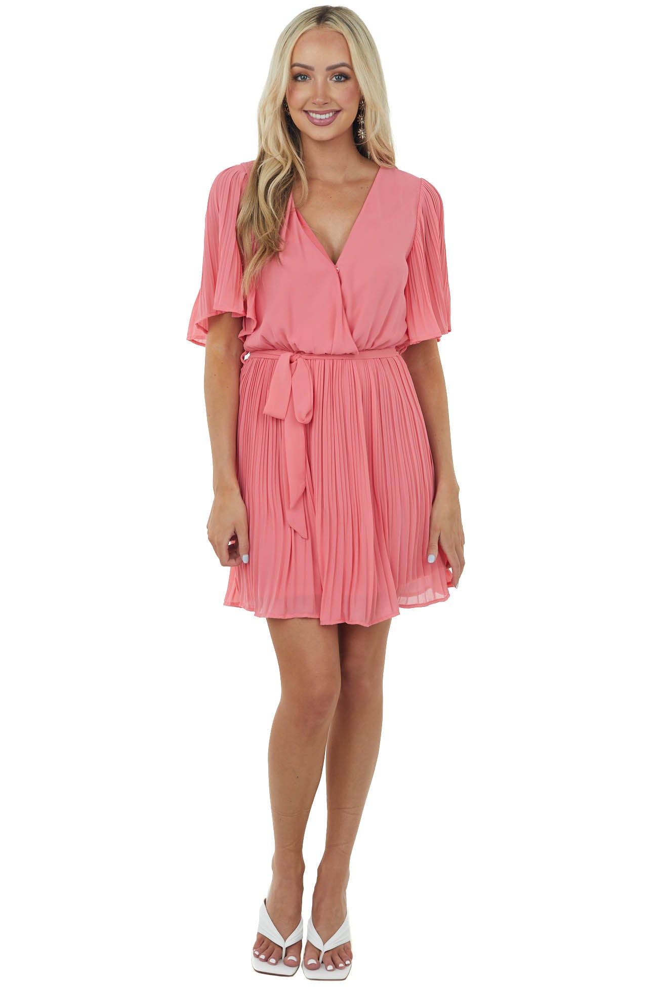 Punch Half Sleeve Pleated Surplice Mini Dress
