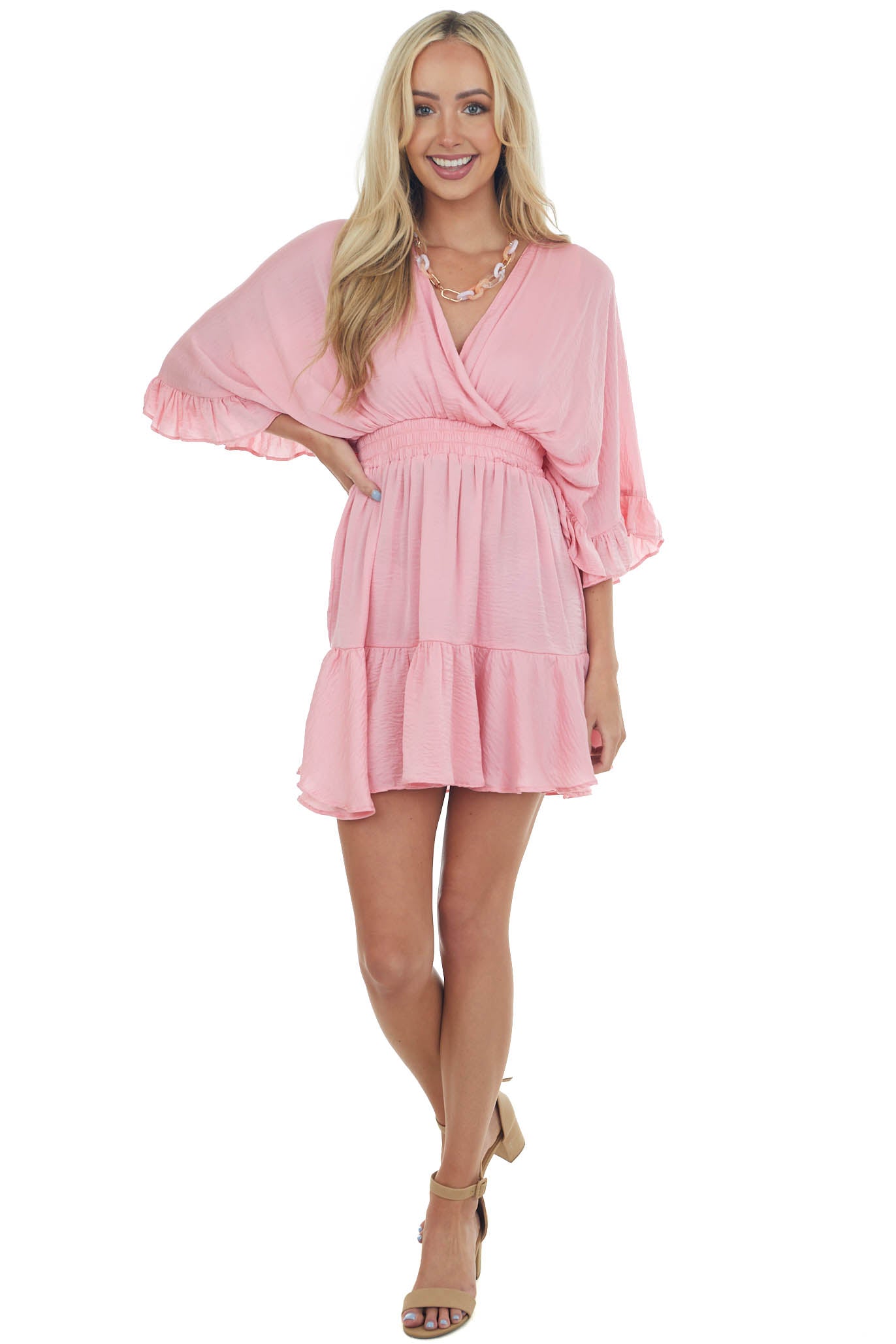 Punch Kimono Sleeve Ruffle Silky Mini Dress