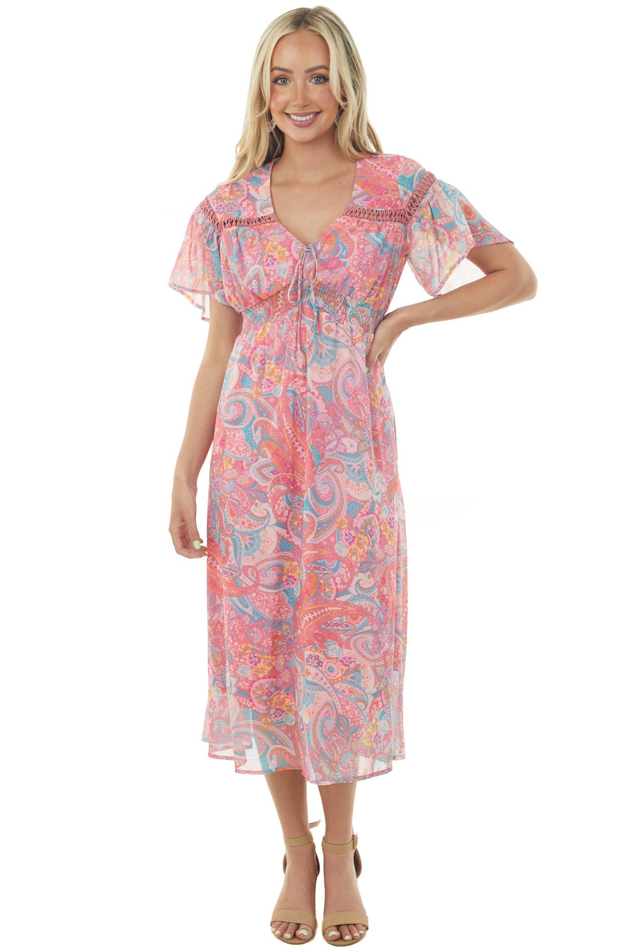 Punch Multi Printed Smocked Waist Midi Dress