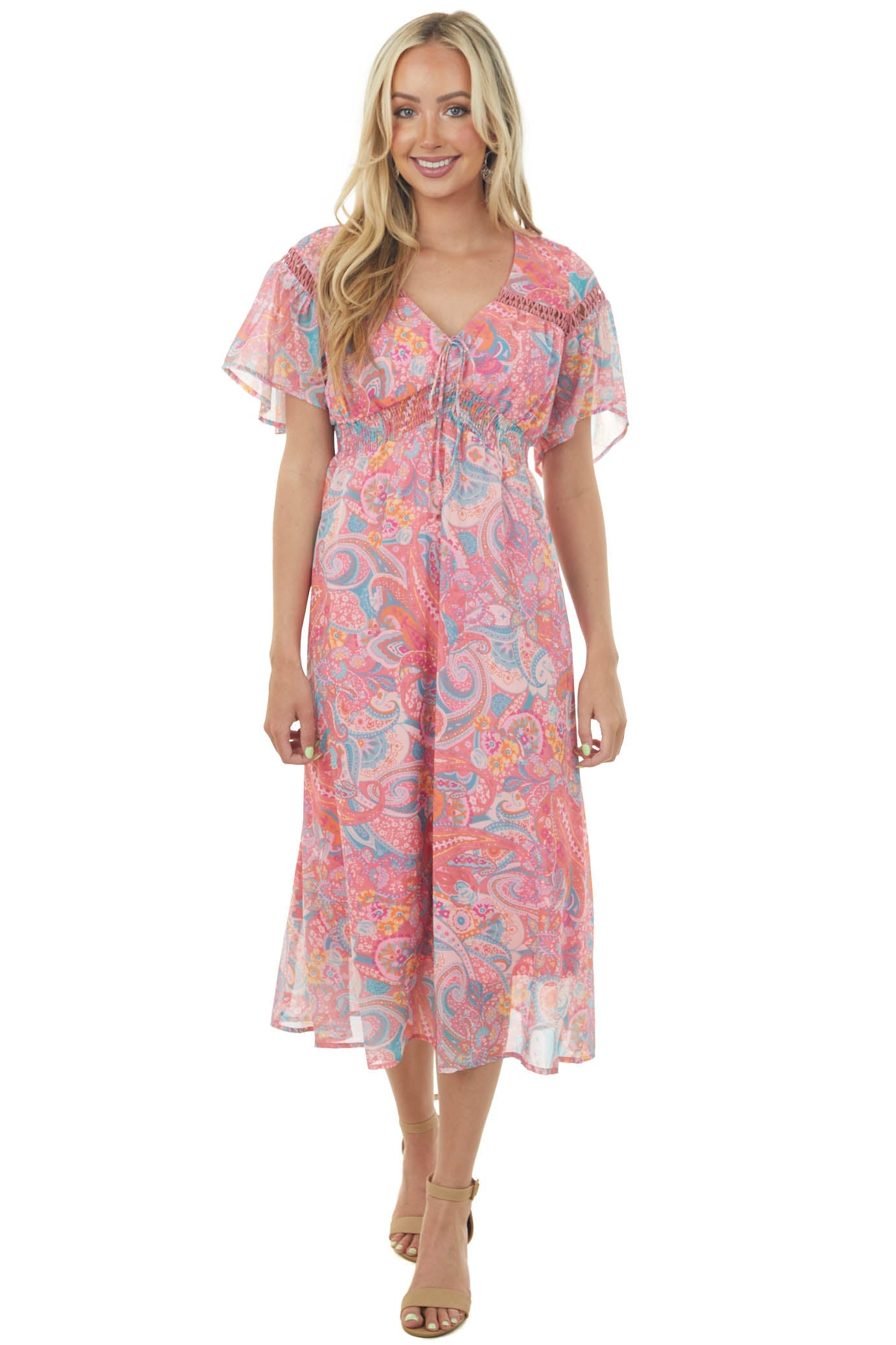 Punch Multi Printed Smocked Waist Midi Dress