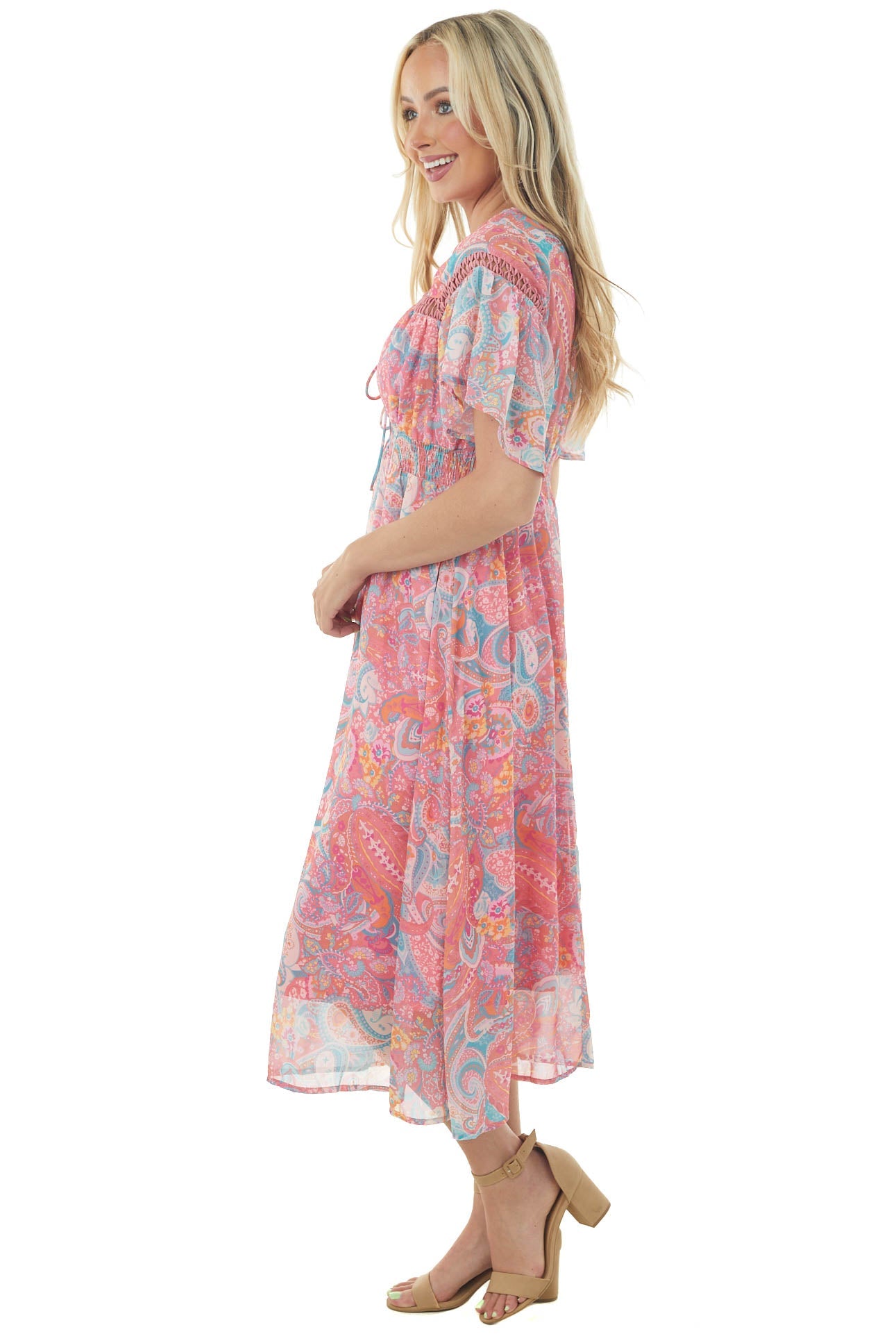 Punch Multi Printed Smocked Waist Midi Dress