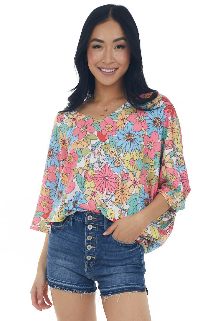 Punch Multicolor Floral Kimono Sleeve Knit Top