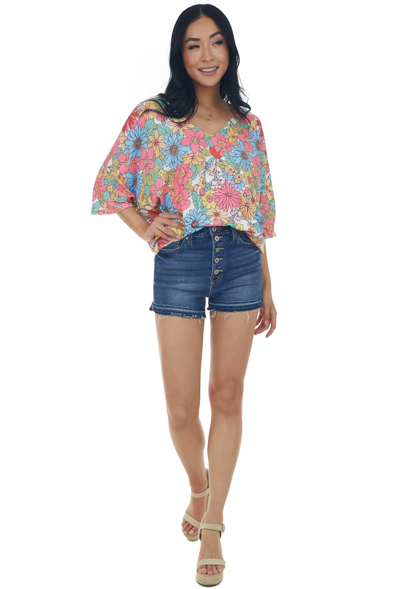 Punch Multicolor Floral Kimono Sleeve Knit Top