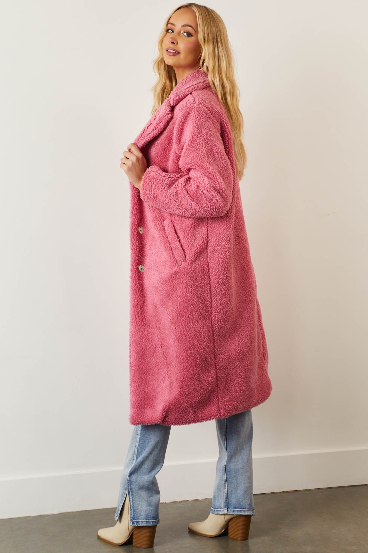 Punch Pink Longline Teddy Coat with Pockets