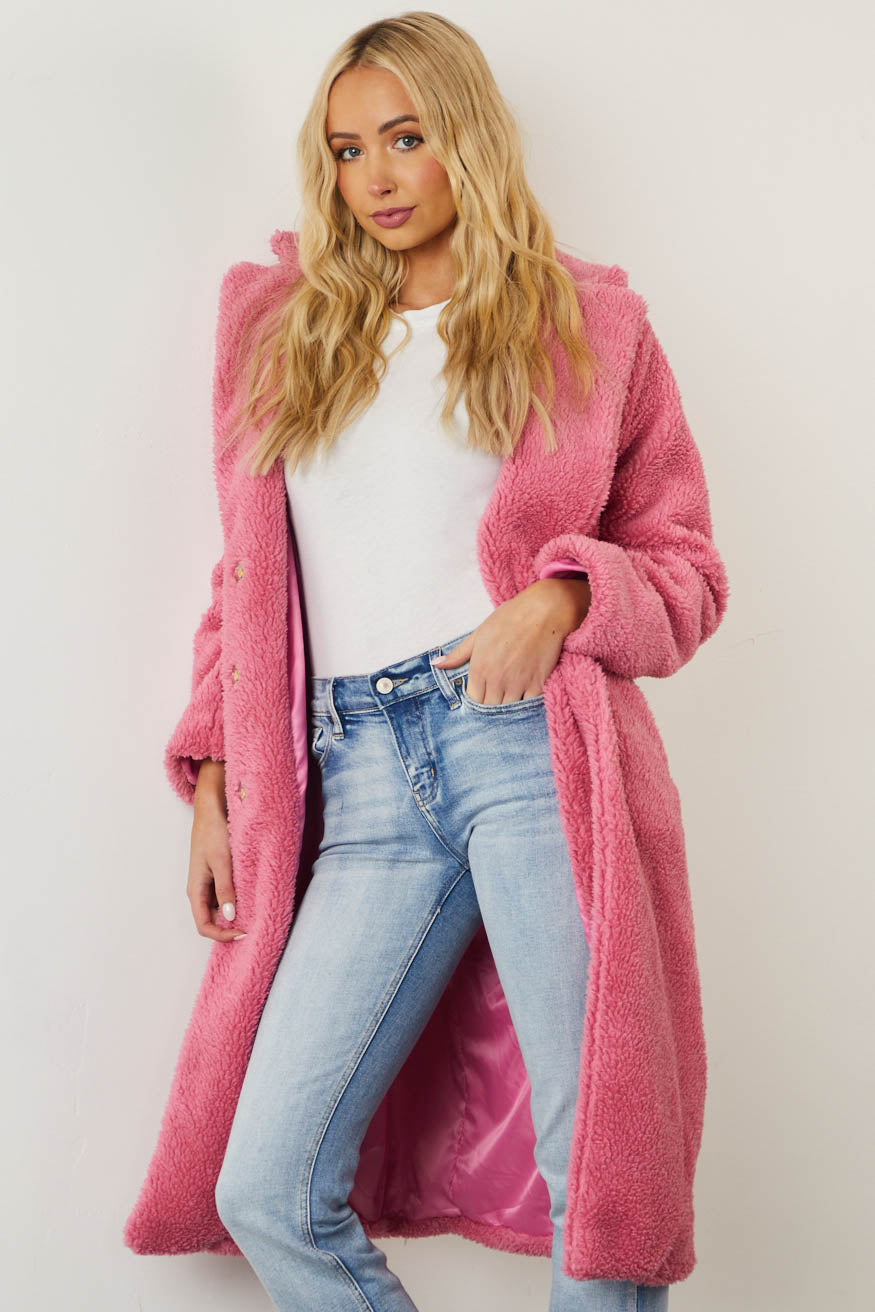 Punch Pink Longline Teddy Coat with Pockets