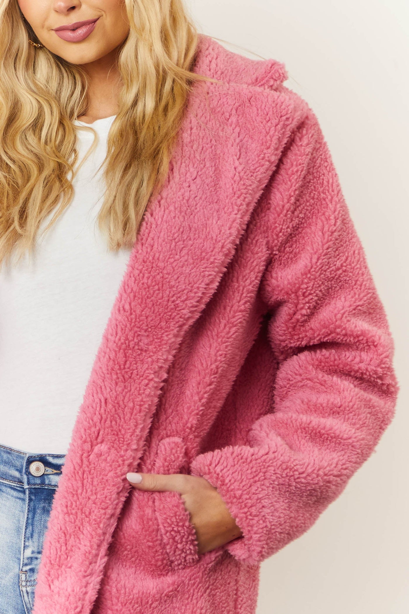Punch Pink Longline Teddy Coat with Pockets