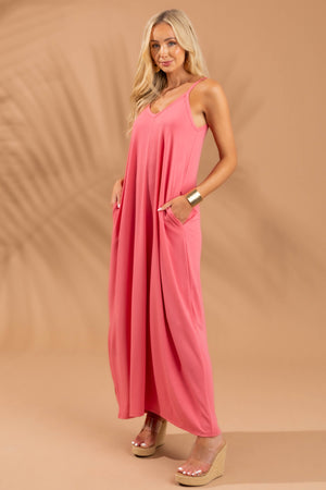 Punch Pink Sleeveless Knit Maxi Dress with Pockets