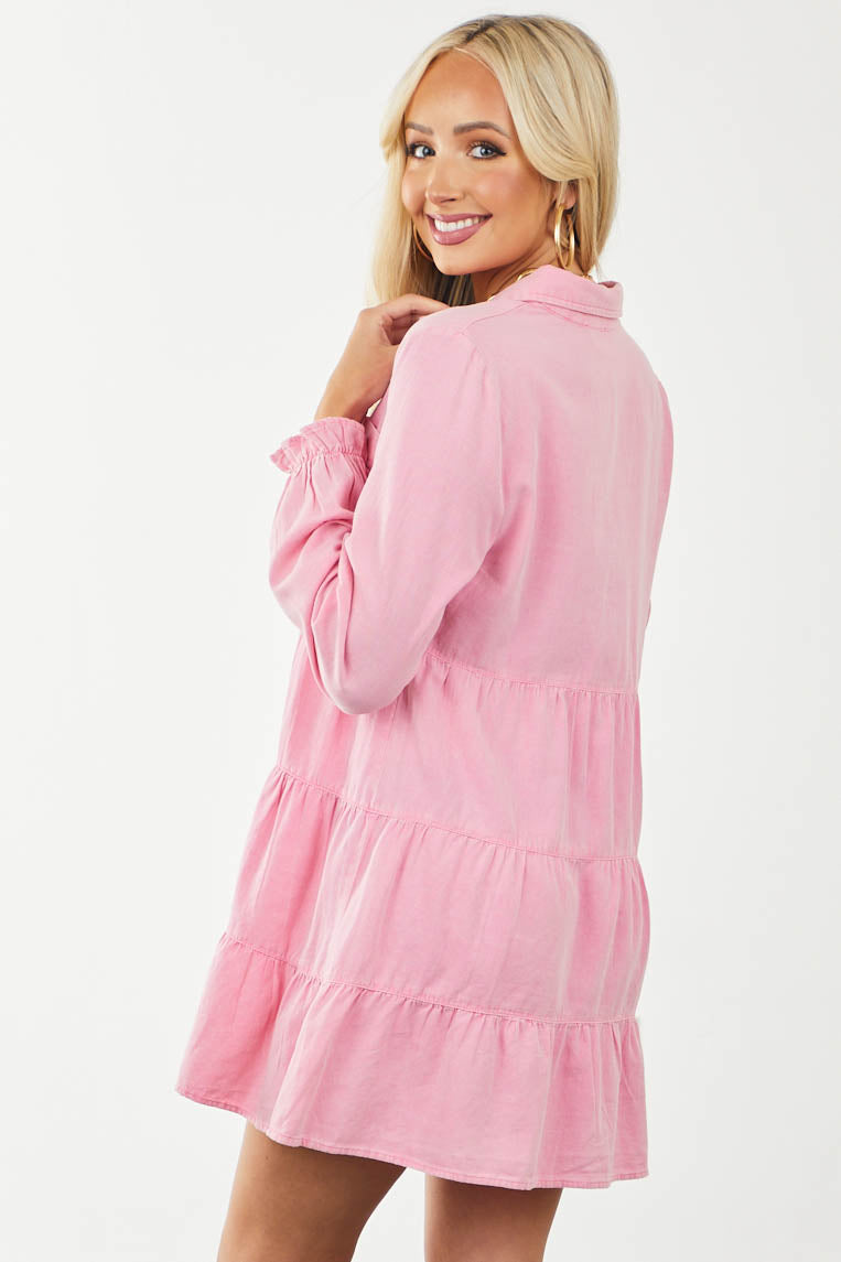 Punch Pink Tiered Long Sleeve Button Down Dress