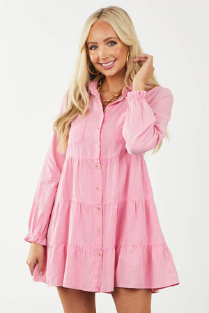 Punch Pink Tiered Long Sleeve Button Down Dress