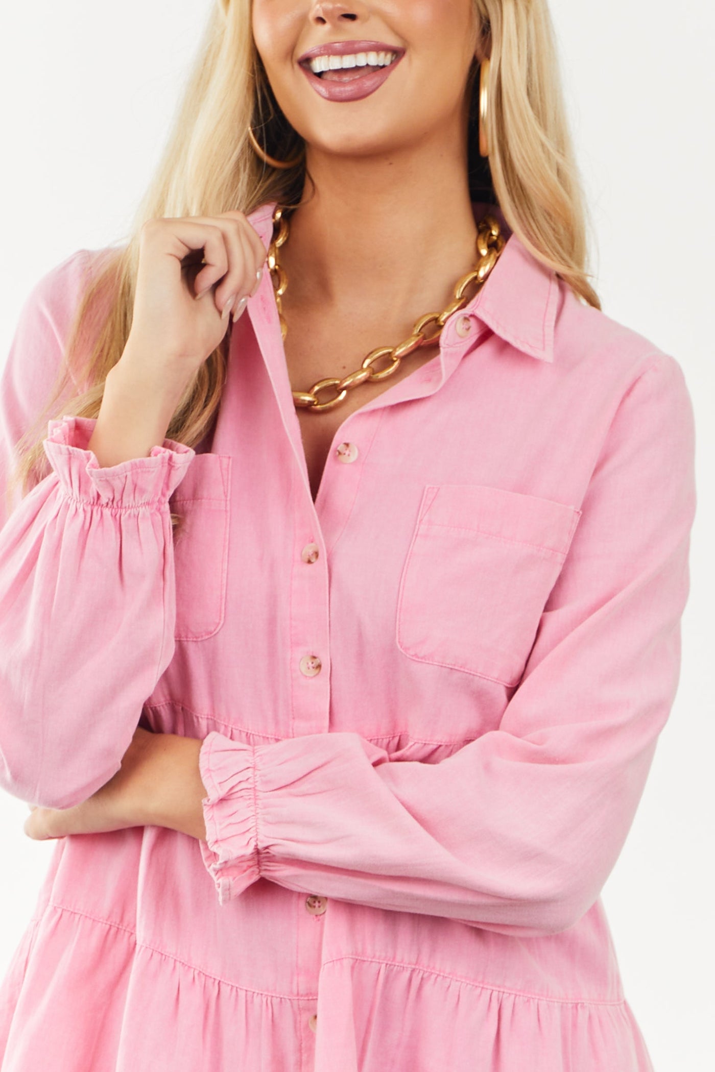 Punch Pink Tiered Long Sleeve Button Down Dress