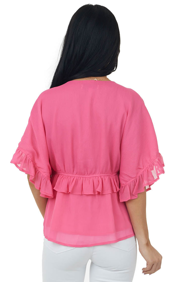 Punch Pink Wide Sleeve Chiffon Ruffled Blouse